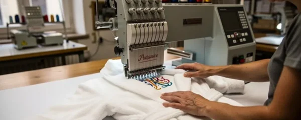 Professionnelle textile utilisant une machine à broder industrielle pour personnaliser un peignoir blanc
