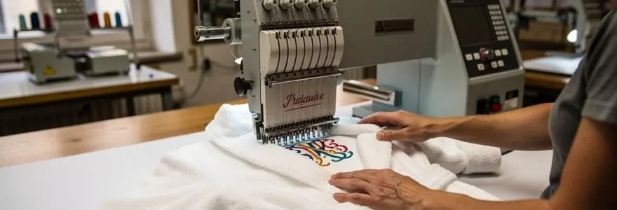Professionnelle textile utilisant une machine à broder industrielle pour personnaliser un peignoir blanc