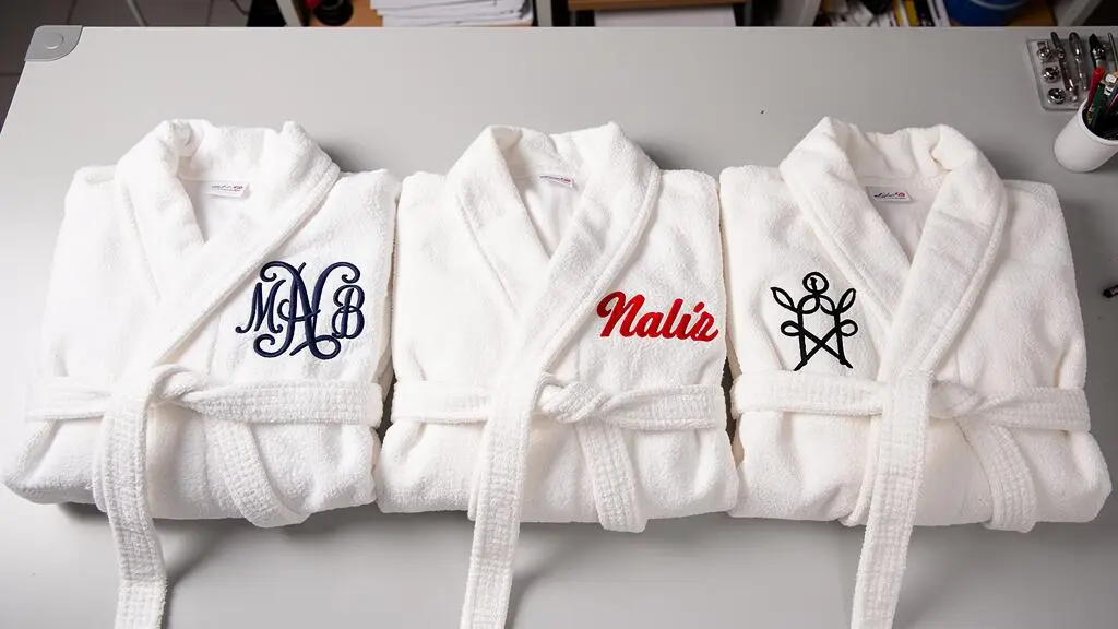 Trois peignoirs blancs présentant différentes techniques de marquage textile côte à côte