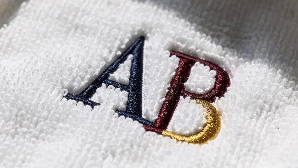 Détail macro d'une broderie sur tissu éponge blanc montrant la texture et le relief des fils